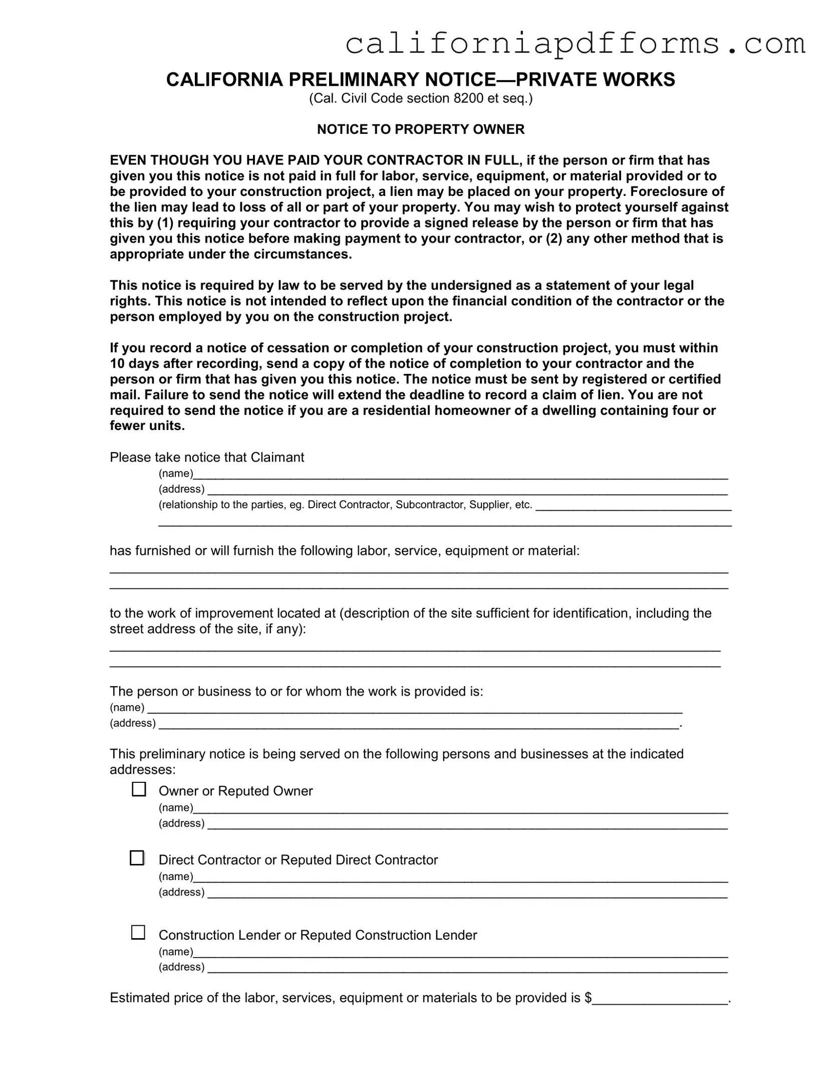 Download California Preliminary Notice Private Works Form