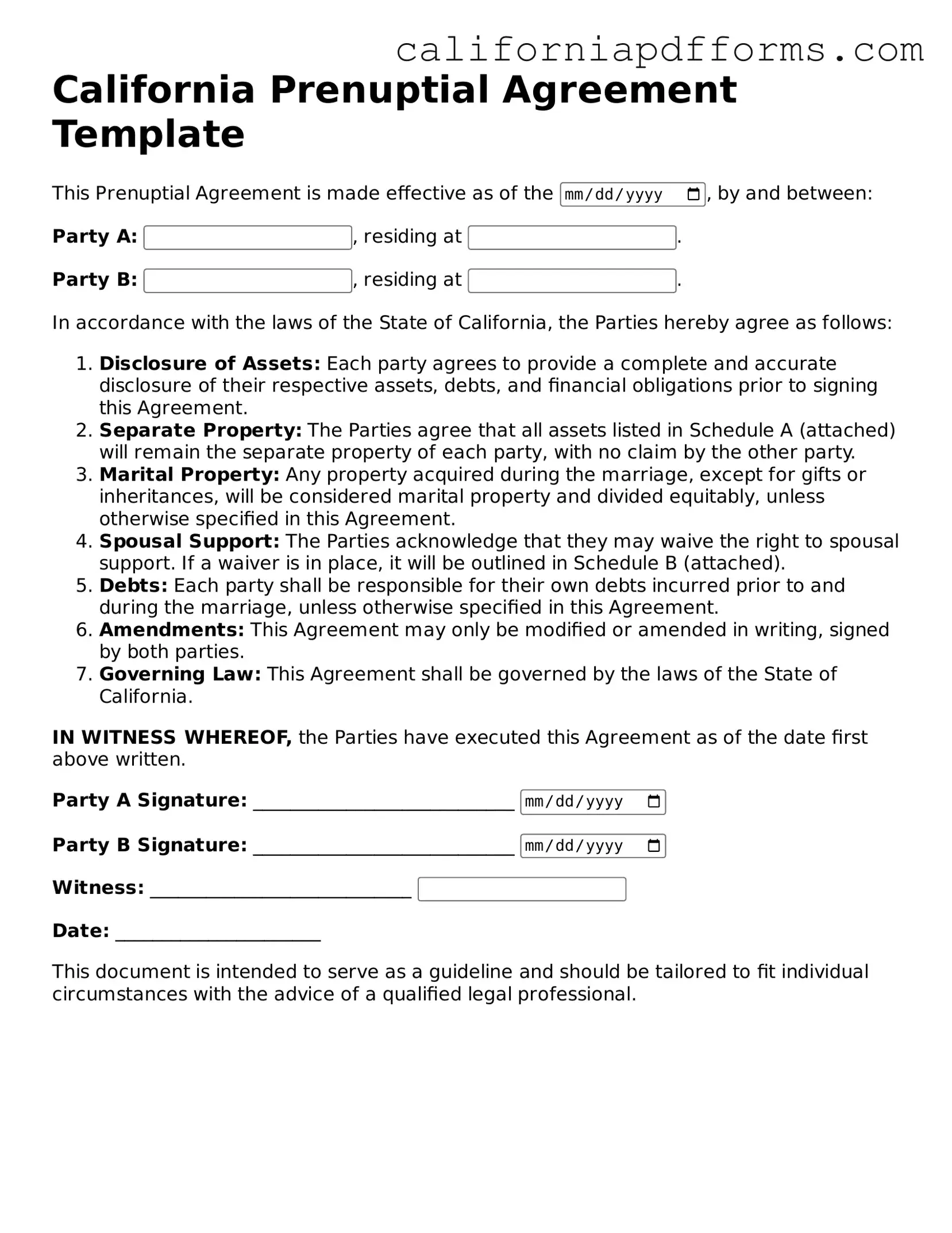 Official Prenuptial Agreement Template for the State of California