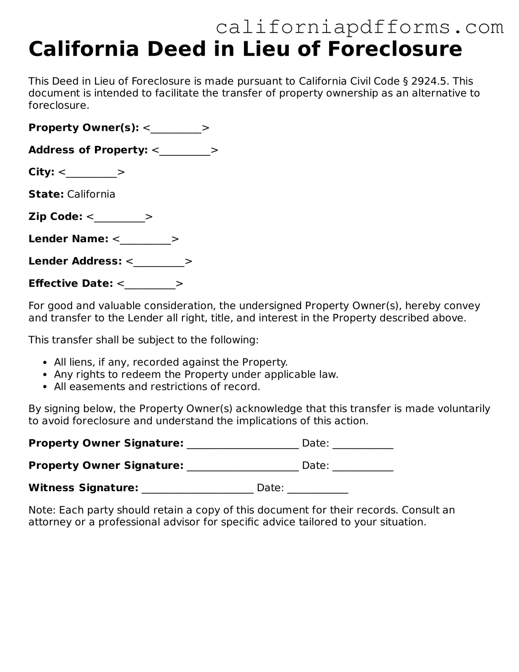 Official Deed in Lieu of Foreclosure Template for the State of California