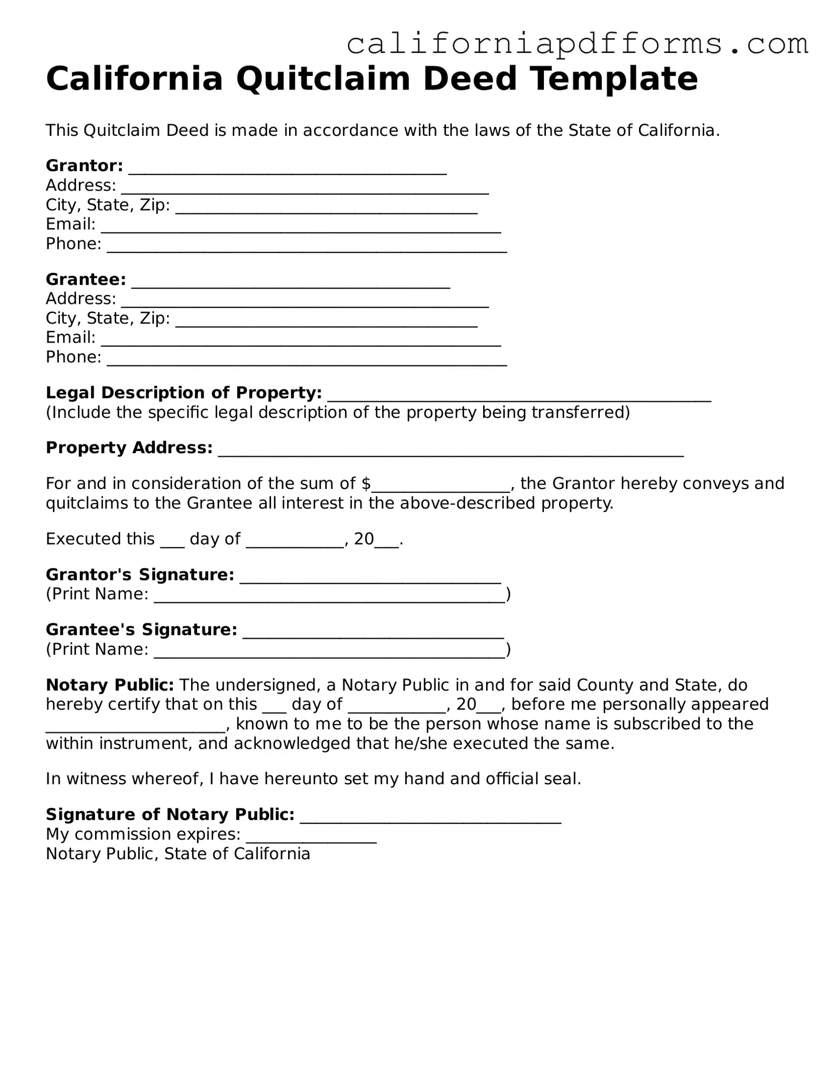 Official Quitclaim Deed Template for the State of California