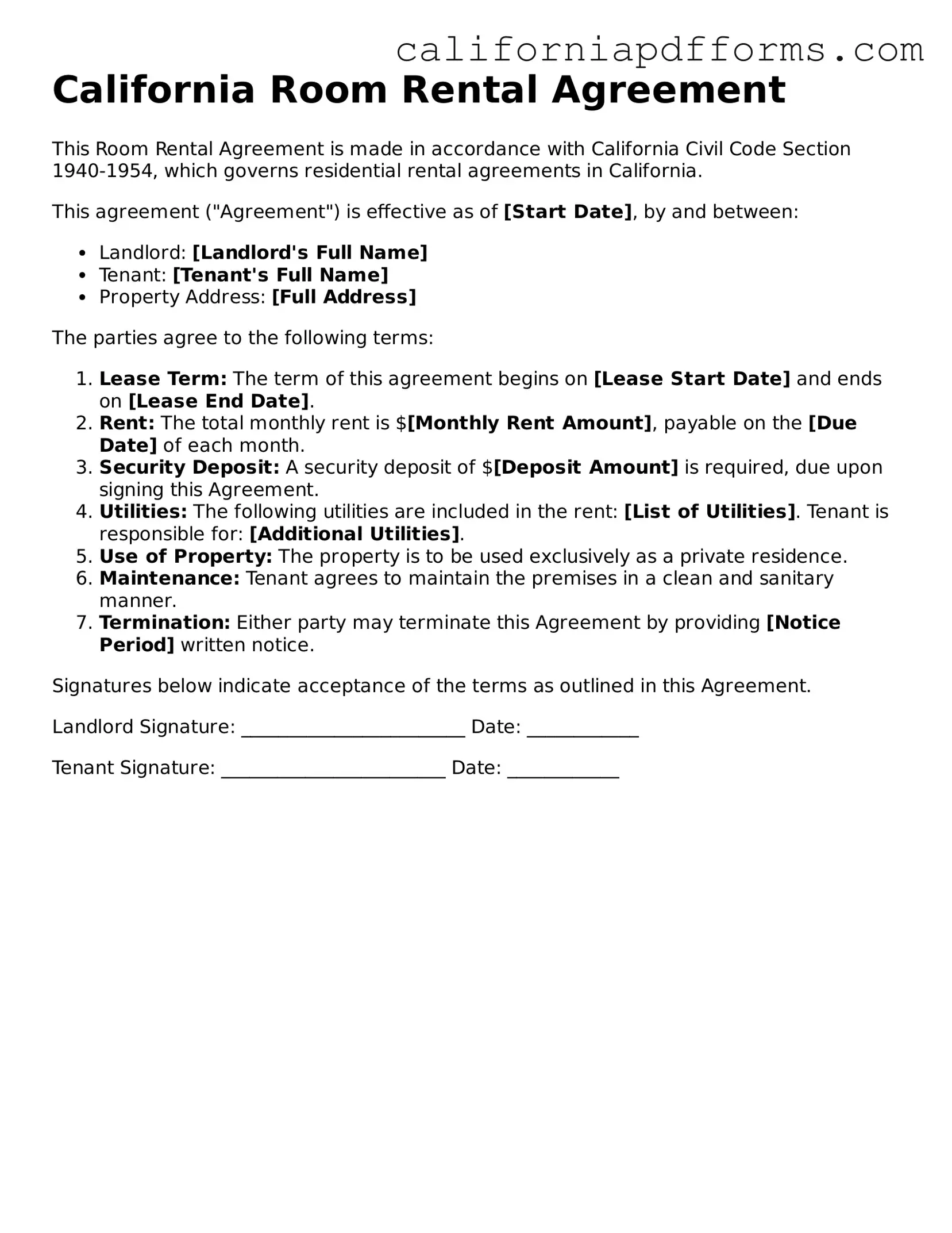 Official Room Rental Agreement Template for the State of California