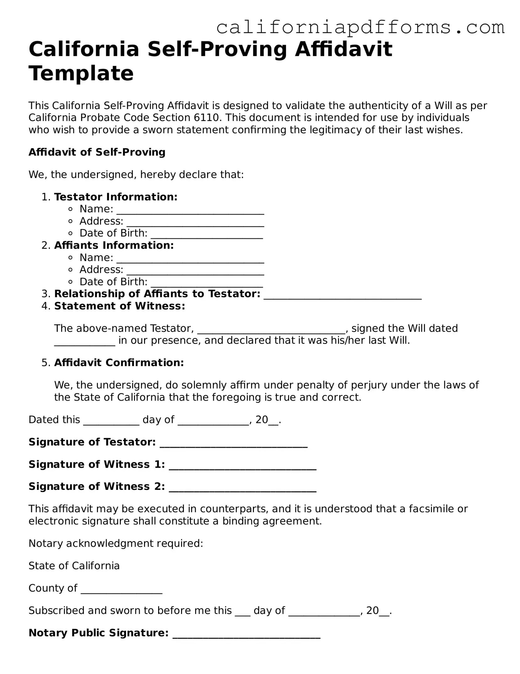Official Self-Proving Affidavit Template for the State of California