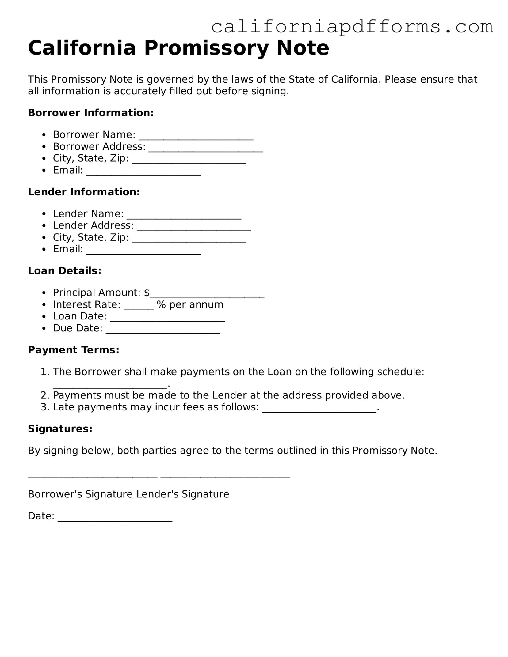 Official Promissory Note Template for the State of California