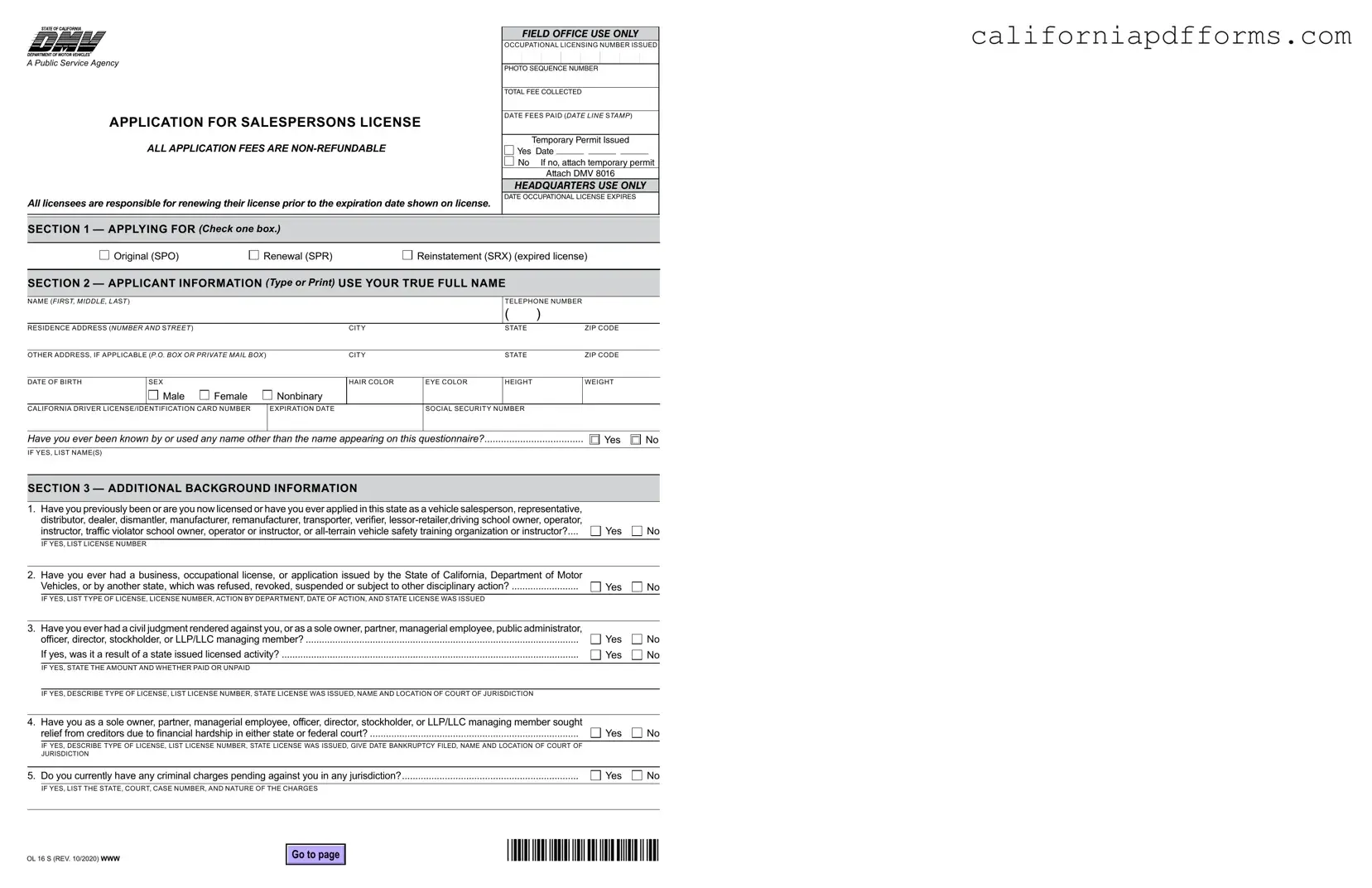 Download California Vehicle Salesperson License Form