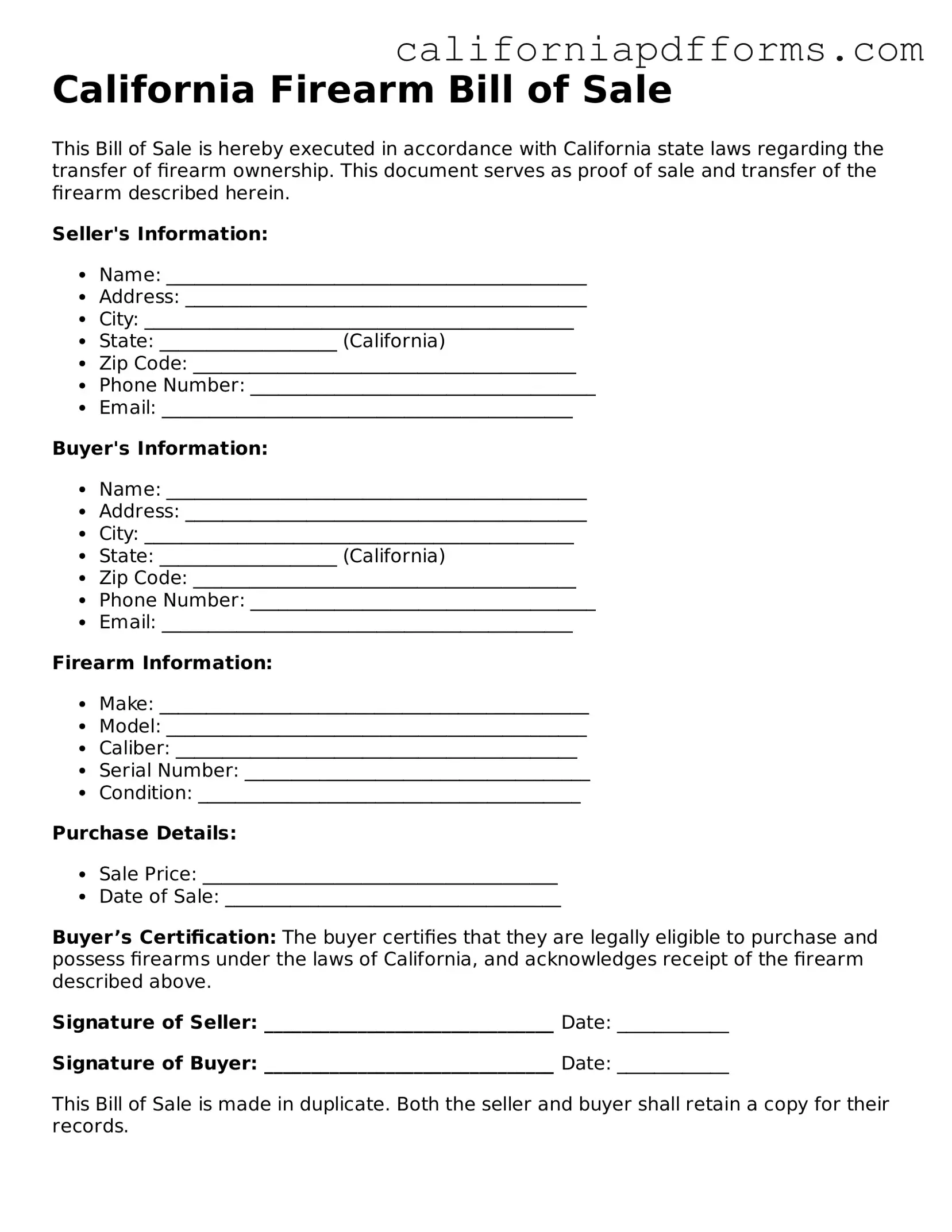 Official Firearm Bill of Sale Template for the State of California