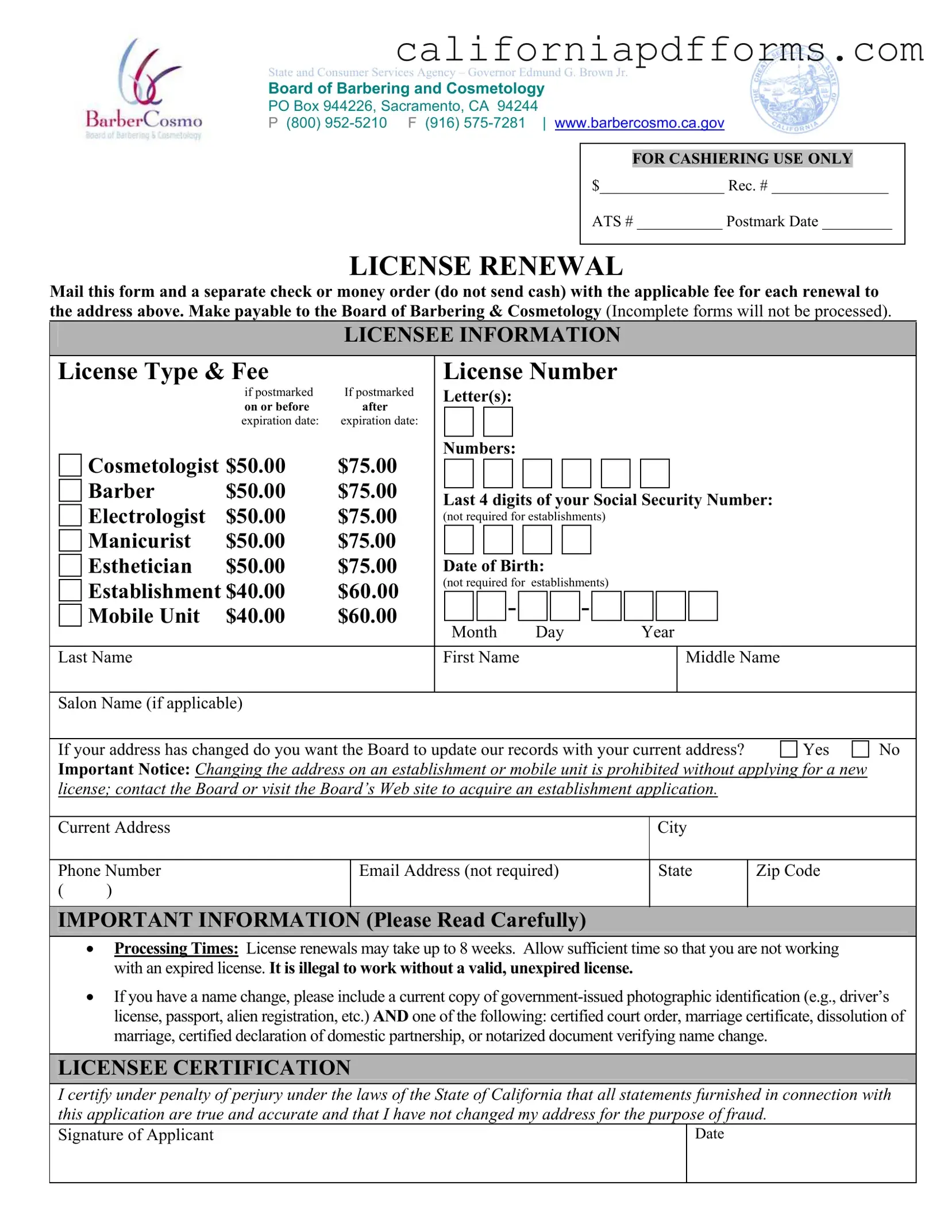 Download Cosmetology License Renewal California Form