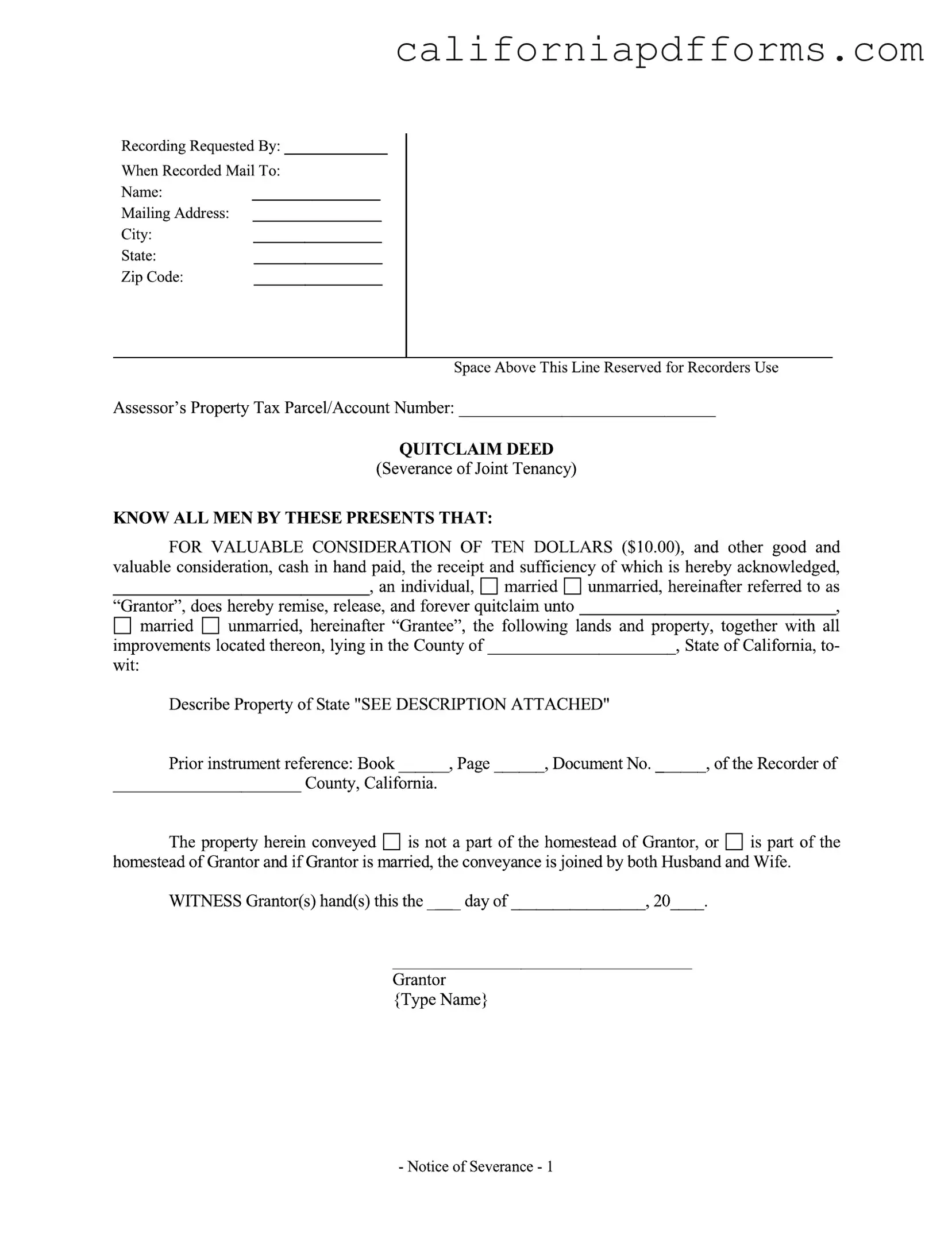Download Notice Of Severance Of Joint Tenancy California Divorce Form