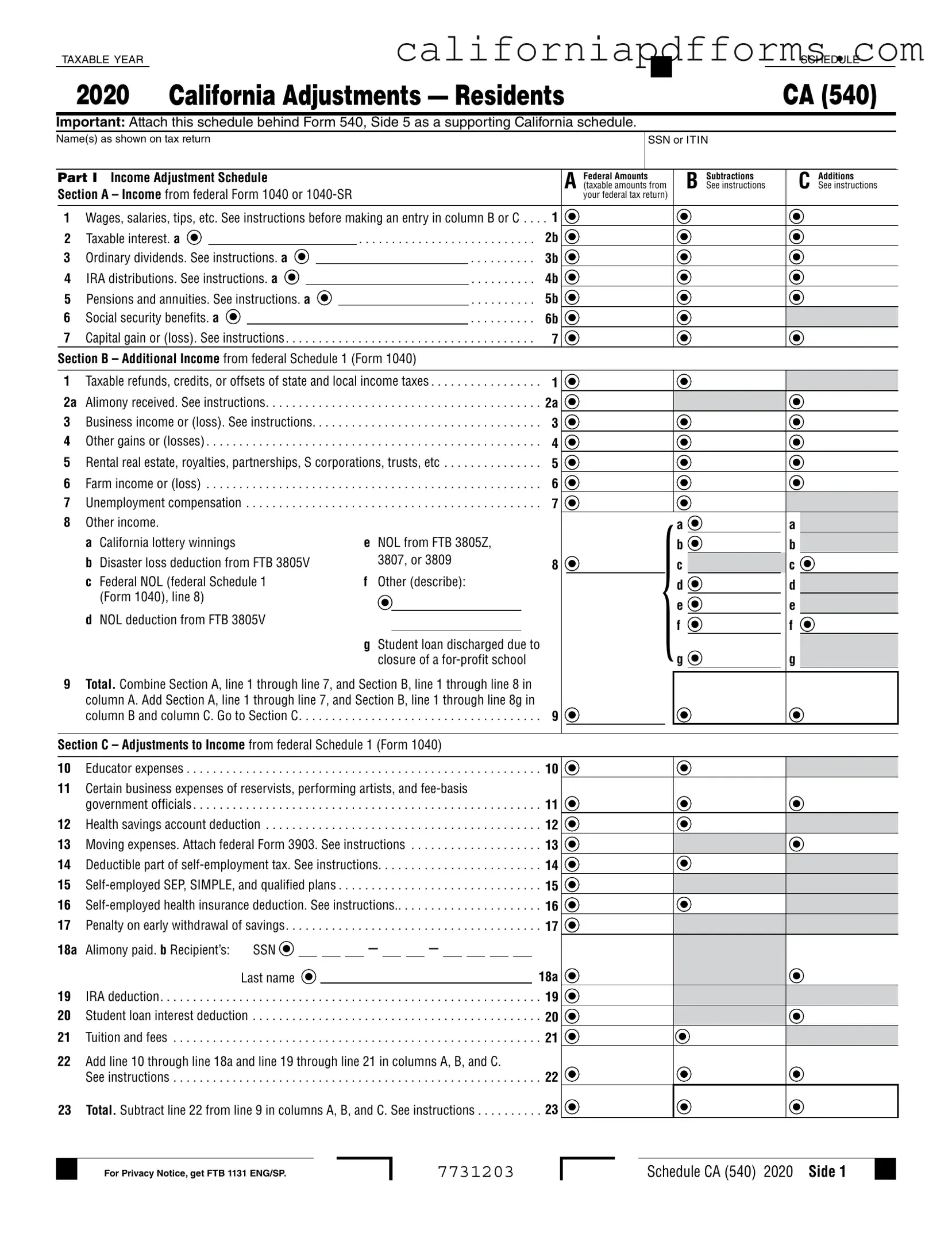 Download Schedule California 540 Form
