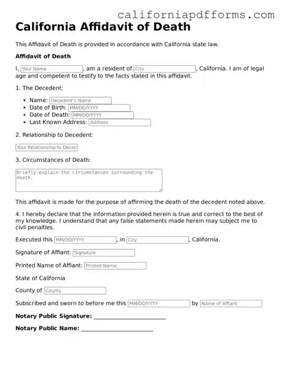 Official Affidavit of Death Template for the State of California