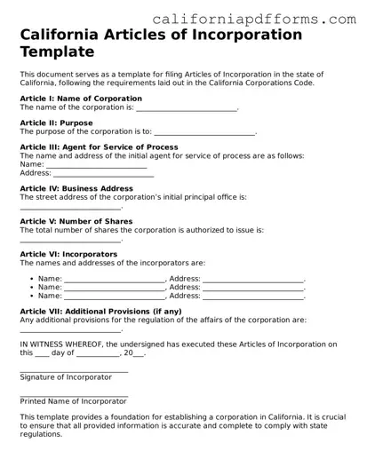 Official Articles of Incorporation Template for the State of California