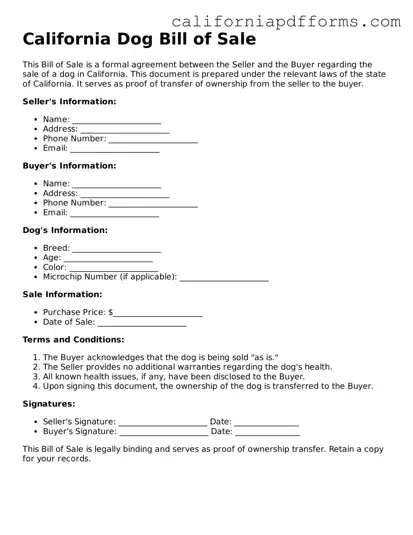 Official Dog Bill of Sale Template for the State of California