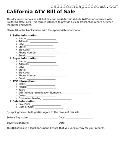 Official ATV Bill of Sale Template for the State of California