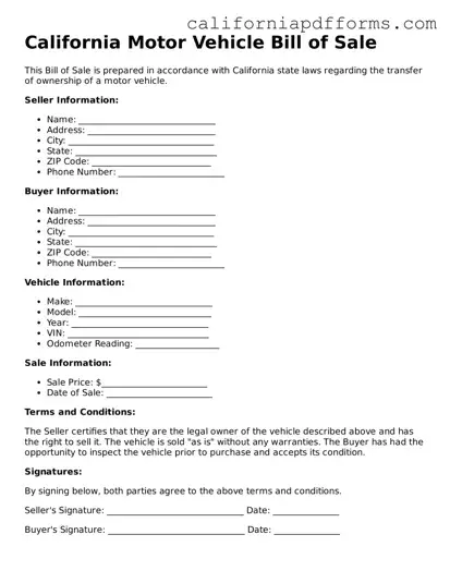 Official Motor Vehicle Bill of Sale Template for the State of California