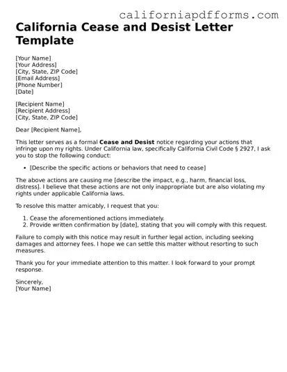 Official Cease and Desist Letter Template for the State of California
