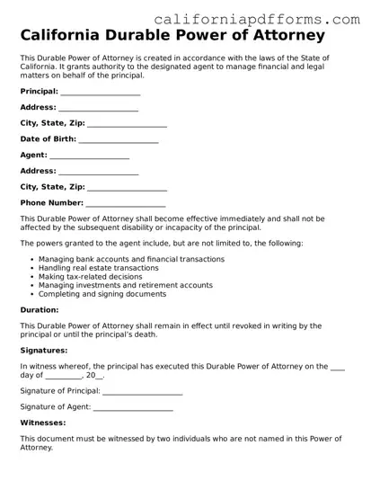 Official Durable Power of Attorney Template for the State of California
