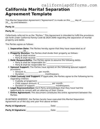 Official Marital Separation Agreement Template for the State of California