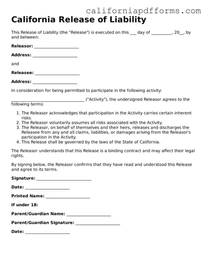 Official Release of Liability Template for the State of California