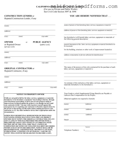 Download California Preliminary 20 Day Notice Form