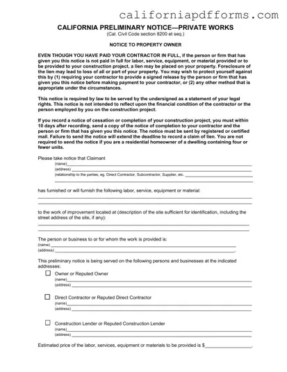Download California Preliminary Notice Private Works Form