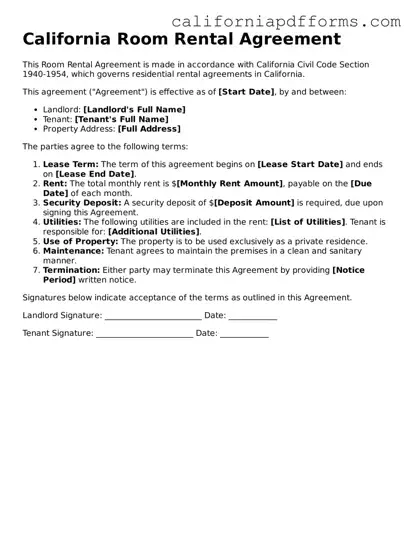 Official Room Rental Agreement Template for the State of California